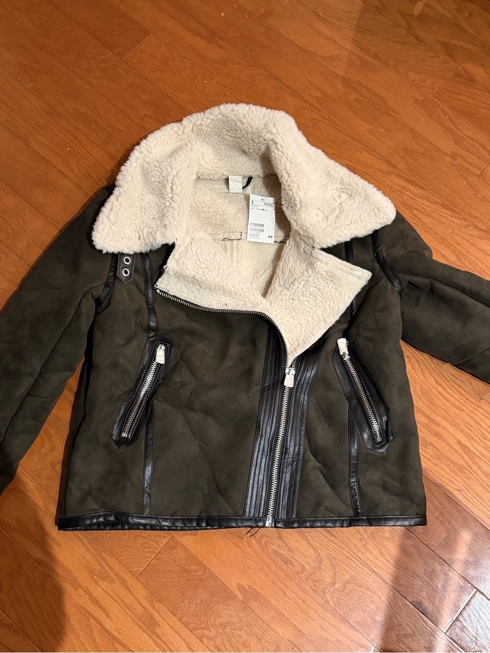 H&M Olive Teddy Aviator Jacket with Cream Sherpa Collar